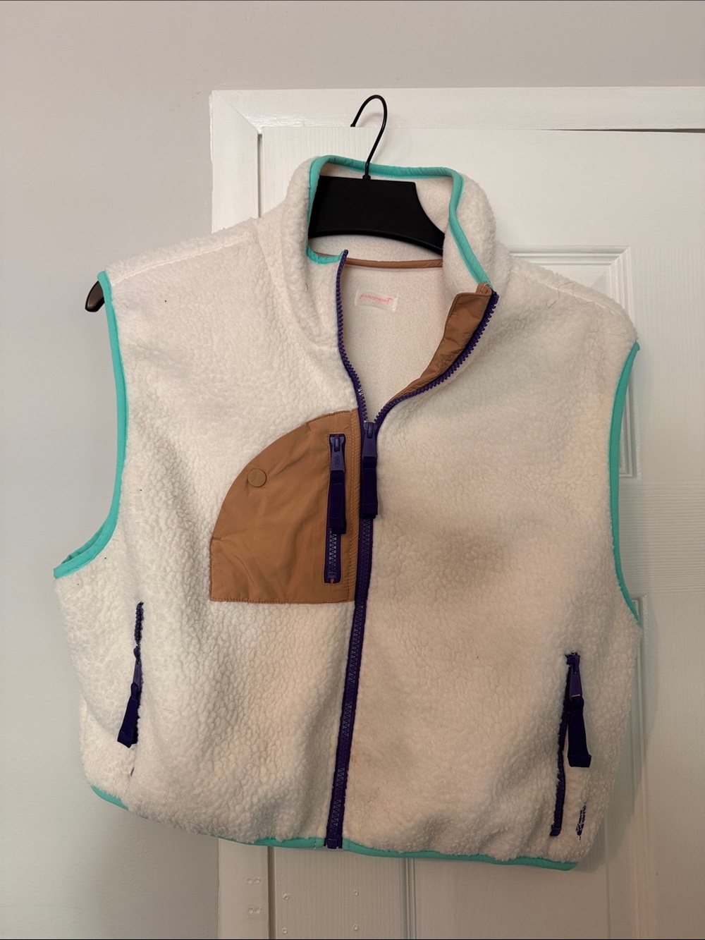 FP Movement by Free People Cream Sherpa Vest with Teal Trim and Tan Pocket